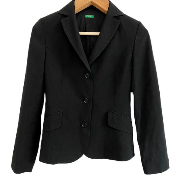 Women's UNITED COLORS of BENETTON Black Wool Blazer Jacket Size 40 Italy (US 4) - Picture 1 of 11